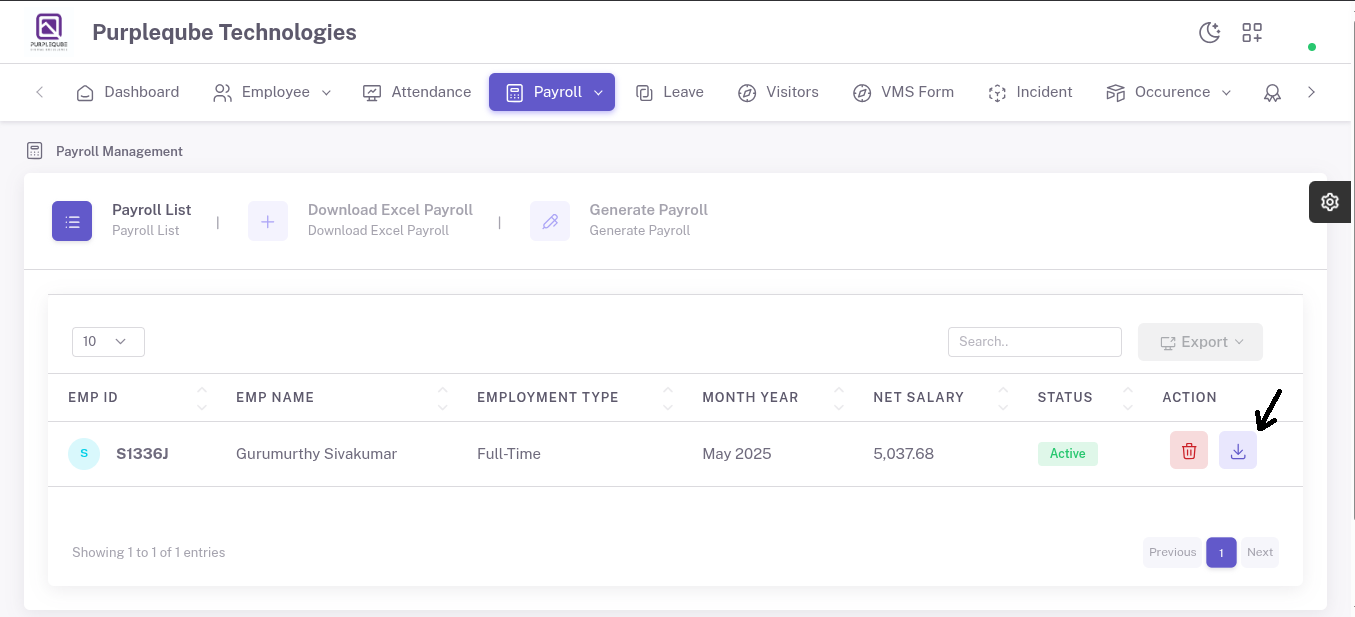 Payroll list with Download action button highlighted in the Action column next to the Delete button